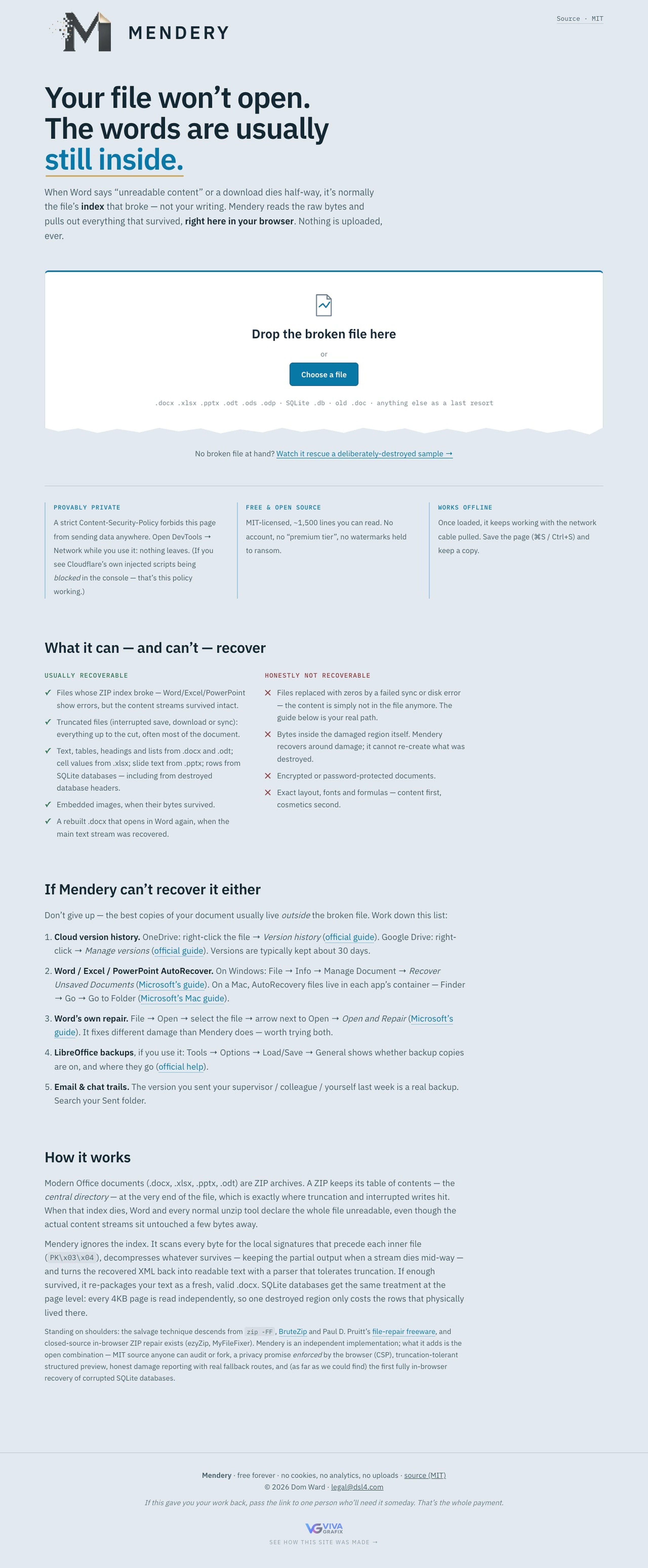 Mendery current website capture